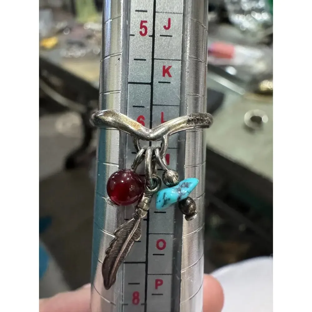 925 Sterling Silver Southwestern Charm Ring – Turquoise, Feather, Red Stone